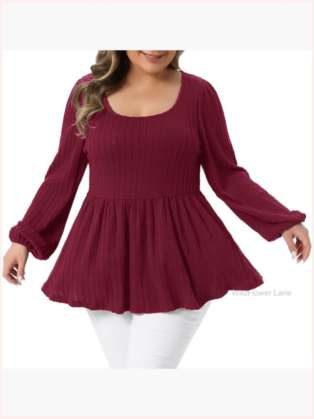 Plus Size Scoop Neck Long Sleeve Ruffle Hem Peplum Knit Top